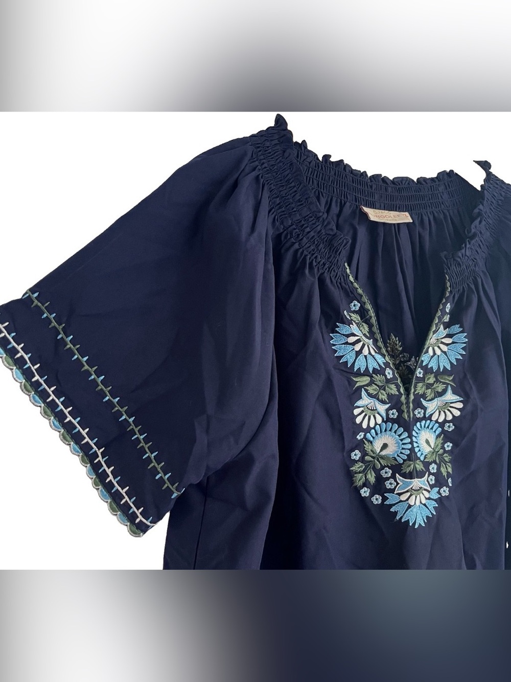 Rungolee Navy Embroidered Smock Top Poplin Cotton $219 Marisol V-neck XL Blous